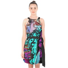 Graffiti Woman And Monsters Turquoise Cyan And Purple Bright Urban Art With Stars Halter Collar Waist Tie Chiffon Dress by genx