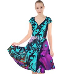 Graffiti Woman And Monsters Turquoise Cyan And Purple Bright Urban Art With Stars Cap Sleeve Front Wrap Midi Dress by genx