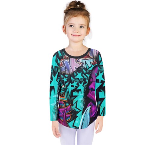 Graffiti Woman And Monsters Turquoise Cyan And Purple Bright Urban Art With Stars Kids  Long Sleeve Tee by genx