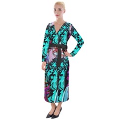 Graffiti Woman And Monsters Turquoise Cyan And Purple Bright Urban Art With Stars Velvet Maxi Wrap Dress by genx