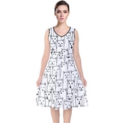 Funny Cat Pattern Organic Style Minimalist On White Background V-neck Midi Sleeveless Dress  by genx