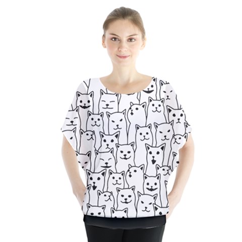 Funny Cat Pattern Organic Style Minimalist On White Background Batwing Chiffon Blouse by genx