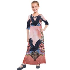 Wonderful Crow With Flowers On Red Vintage Dsign Kids  Quarter Sleeve Maxi Dress by FantasyWorld7