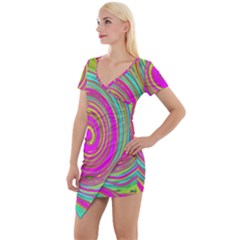 Groovy Abstract Pink, Turquoise And Yellow Swirl Short Sleeve Asymmetric Mini Dress by myrubiogarden