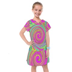 Groovy Abstract Pink, Turquoise And Yellow Swirl Kids  Drop Waist Dress by myrubiogarden