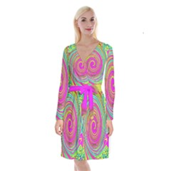 Groovy Abstract Pink, Turquoise And Yellow Swirl Long Sleeve Velvet Front Wrap Dress by myrubiogarden