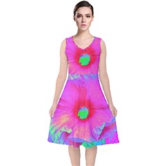 Psychedelic Pink And Red Hibiscus Flower V-neck Midi Sleeveless Dress  by myrubiogarden