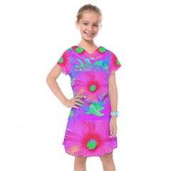 Psychedelic Pink And Red Hibiscus Flower Kids  Drop Waist Dress by myrubiogarden