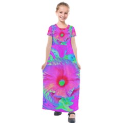 Psychedelic Pink And Red Hibiscus Flower Kids  Short Sleeve Maxi Dress by myrubiogarden