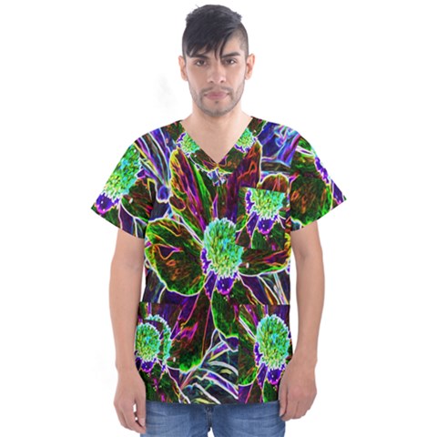 Abstract Garden Peony In Black And Blue Men s V-neck Scrub Top by myrubiogarden