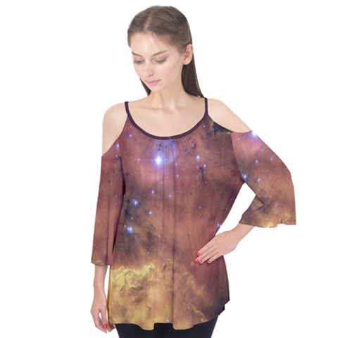 Cosmic Astronomy Sky With Stars Orange Brown And Yellow Flutter Sleeve Tee  by genx