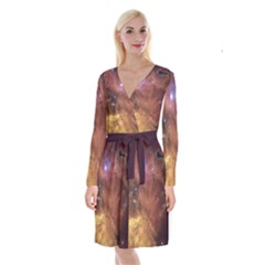 Cosmic Astronomy Sky With Stars Orange Brown And Yellow Long Sleeve Velvet Front Wrap Dress by genx