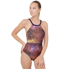 Cosmic Astronomy Sky With Stars Orange Brown And Yellow High Neck One Piece Swimsuit by genx