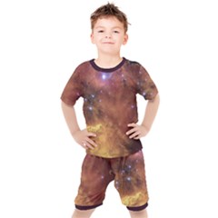 Cosmic Astronomy Sky With Stars Orange Brown And Yellow Kids  Tee And Shorts Set by genx