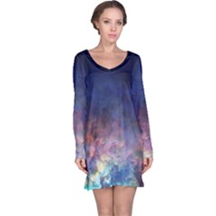 Lagoon Nebula Interstellar Cloud Pastel Pink, Turquoise And Yellow Stars Long Sleeve Nightdress by genx