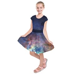 Lagoon Nebula Interstellar Cloud Pastel Pink, Turquoise And Yellow Stars Kids  Short Sleeve Dress by genx