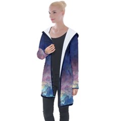 Lagoon Nebula Interstellar Cloud Pastel Pink, Turquoise And Yellow Stars Longline Hooded Cardigan by genx