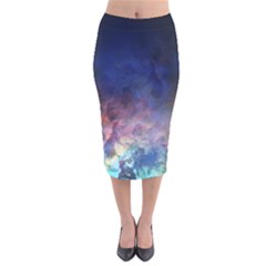 Lagoon Nebula Interstellar Cloud Pastel Pink, Turquoise And Yellow Stars Velvet Midi Pencil Skirt by genx