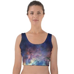 Lagoon Nebula Interstellar Cloud Pastel Pink, Turquoise And Yellow Stars Velvet Crop Top by genx