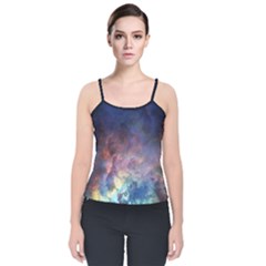 Lagoon Nebula Interstellar Cloud Pastel Pink, Turquoise And Yellow Stars Velvet Spaghetti Strap Top by genx