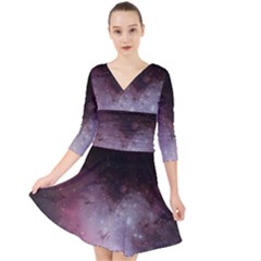 Eagle Nebula Wine Pink And Purple Pastel Stars Astronomy Quarter Sleeve Front Wrap Dress by genx