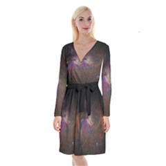 Orion Nebula Star Formation Orange Pink Brown Pastel Constellation Astronomy Long Sleeve Velvet Front Wrap Dress by genx