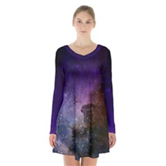 Carina Nebula Ngc 3372 The Grand Nebula Pink Purple And Blue With Shiny Stars Astronomy Long Sleeve Velvet V-neck Dress by genx