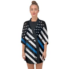 Usa Flag The Thin Blue Line I Back The Blue Usa Flag Grunge On Black Background Half Sleeve Chiffon Kimono by snek