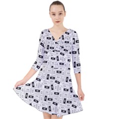 Tape Cassette 80s Retro Genx Pattern Black And White Quarter Sleeve Front Wrap Dress by genx