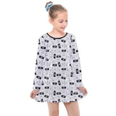 Tape Cassette 80s Retro Genx Pattern Black And White Kids  Long Sleeve Dress by genx