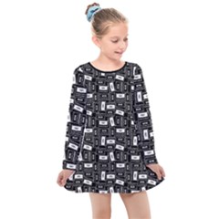 Tape Cassette 80s Retro Genx Pattern Black And White Kids  Long Sleeve Dress by genx