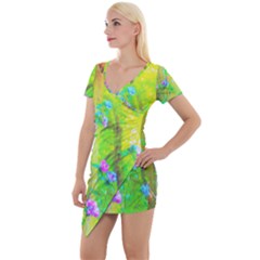 Hot Pink Abstract Rose Of Sharon On Bright Yellow Short Sleeve Asymmetric Mini Dress by myrubiogarden