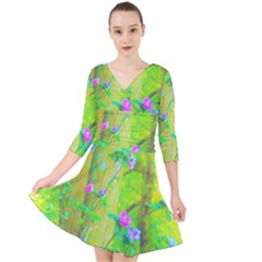 Hot Pink Abstract Rose Of Sharon On Bright Yellow Quarter Sleeve Front Wrap Dress by myrubiogarden