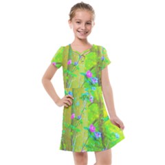 Hot Pink Abstract Rose Of Sharon On Bright Yellow Kids  Cross Web Dress by myrubiogarden