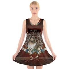 Cute Collie With Flowers On Vintage Background V-neck Sleeveless Dress by FantasyWorld7