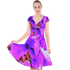 Abstract Ultra Violet Purple Iris On Red And Pink Cap Sleeve Front Wrap Midi Dress by myrubiogarden