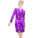 Abstract Ultra Violet Purple Iris On Red And Pink Button Long Sleeve Dress View1