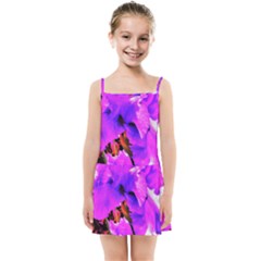 Abstract Ultra Violet Purple Iris On Red And Pink Kids Summer Sun Dress by myrubiogarden