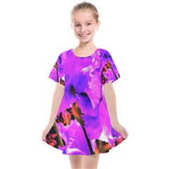 Abstract Ultra Violet Purple Iris On Red And Pink Kids  Smock Dress by myrubiogarden