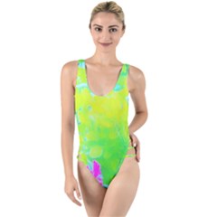 Fluorescent Yellow And Pink Abstract Garden Foliage High Leg Strappy Swimsuit by myrubiogarden