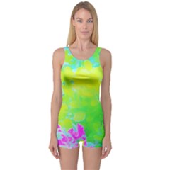 Fluorescent Yellow And Pink Abstract Garden Foliage One Piece Boyleg Swimsuit by myrubiogarden