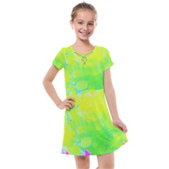 Fluorescent Yellow And Pink Abstract Garden Foliage Kids  Cross Web Dress by myrubiogarden