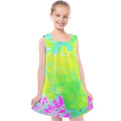 Fluorescent Yellow And Pink Abstract Garden Foliage Kids  Cross Back Dress by myrubiogarden