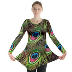 Peacock Feathers Feather Color Long Sleeve Tunic  by Wegoenart