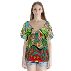 Supersonic Volcanic Sunmoon Faces V-neck Flutter Sleeve Top by chellerayartisans