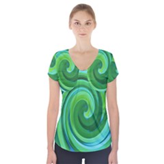 Groovy Abstract Turquoise Liquid Swirl Painting Short Sleeve Front Detail Top by myrubiogarden