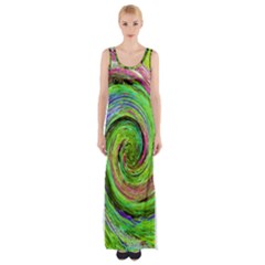 Groovy Abstract Green And Crimson Liquid Swirl Maxi Thigh Split Dress by myrubiogarden