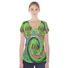 Groovy Abstract Green And Crimson Liquid Swirl Short Sleeve Front Detail Top by myrubiogarden