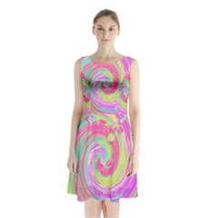 Groovy Abstract Pink And Blue Liquid Swirl Painting Sleeveless Waist Tie Chiffon Dress by myrubiogarden