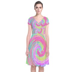 Groovy Abstract Pink And Blue Liquid Swirl Painting Short Sleeve Front Wrap Dress by myrubiogarden